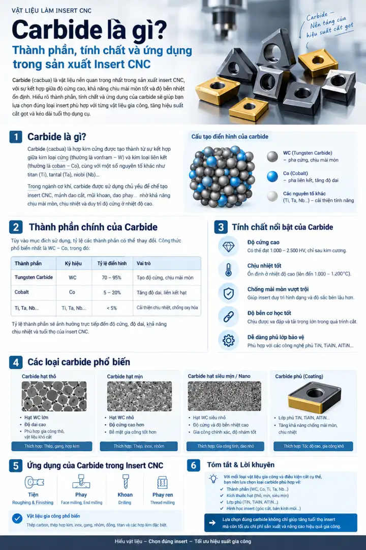 Carbide là vật liệu làm Insert CNC gồm tungsten carbide WC và cobalt Co